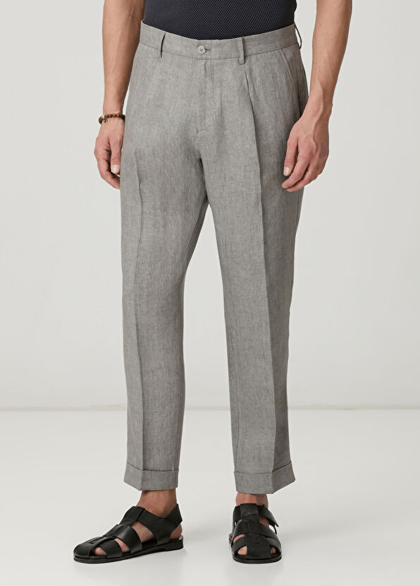 Beymen Club Gri Tek Pileli Keten Pantolon - 2