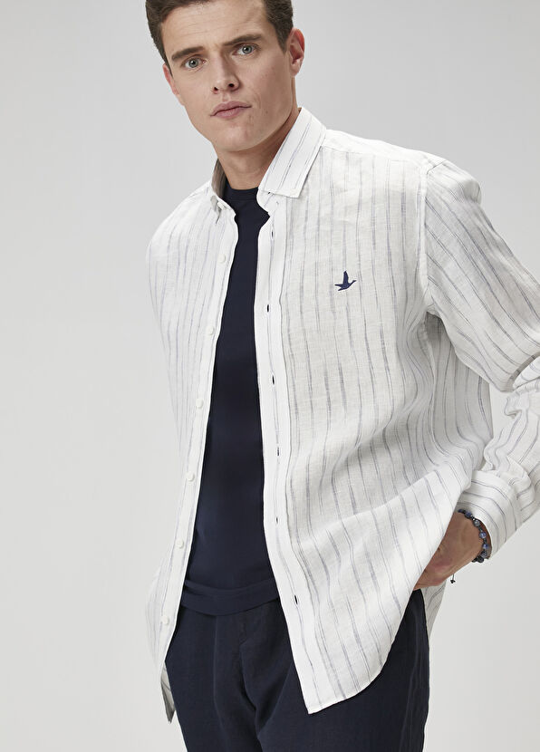 Beymen Club Comfort Fit White Line Patterned Linen Shirt - 4