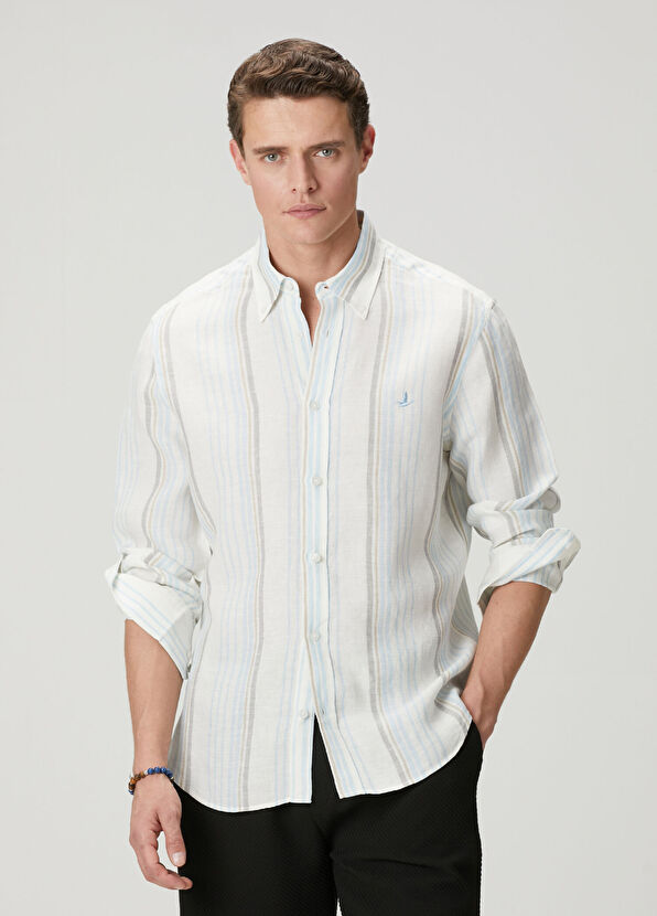 Beymen Club Comfort Fit Blue White Striped Patterned Linen Shi - 1