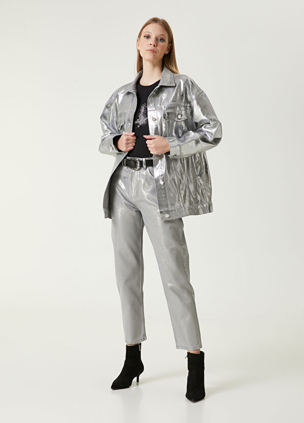 Beymen Club Silver Varaklı Oversize Denim Ceket - 3