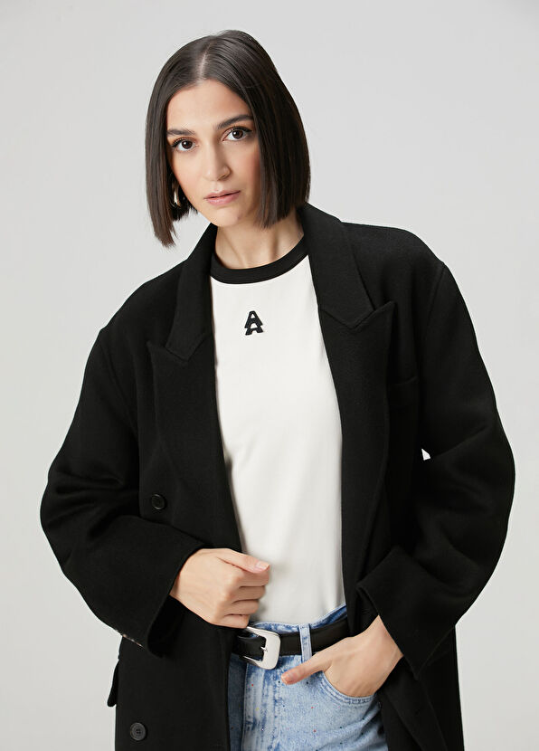 Siyah El Dikişli Yün Palto - Görsel 4