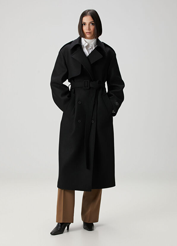 Siyah Kemer Detaylı Yün Palto - Görsel 4