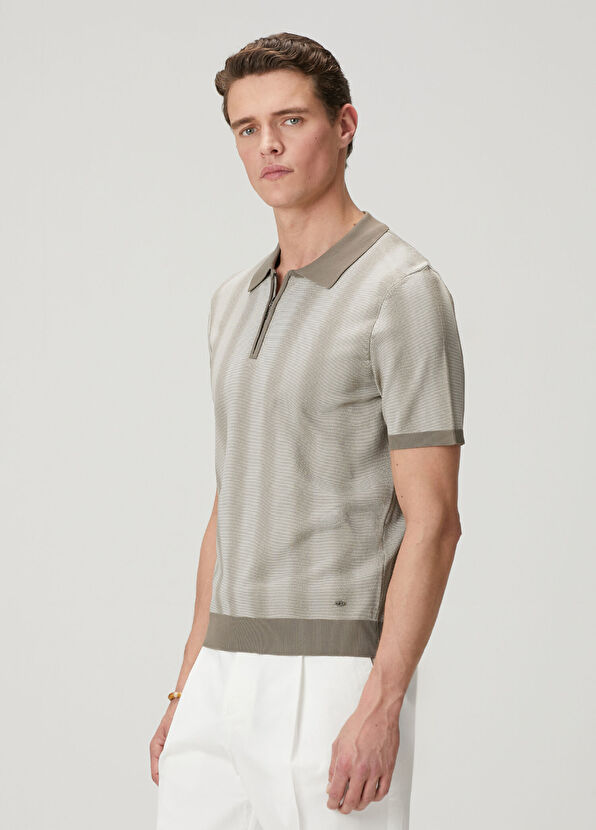 Beymen Club Bej Polo Yaka Dağınık Çizgili Kısa Kollu Triko - 4