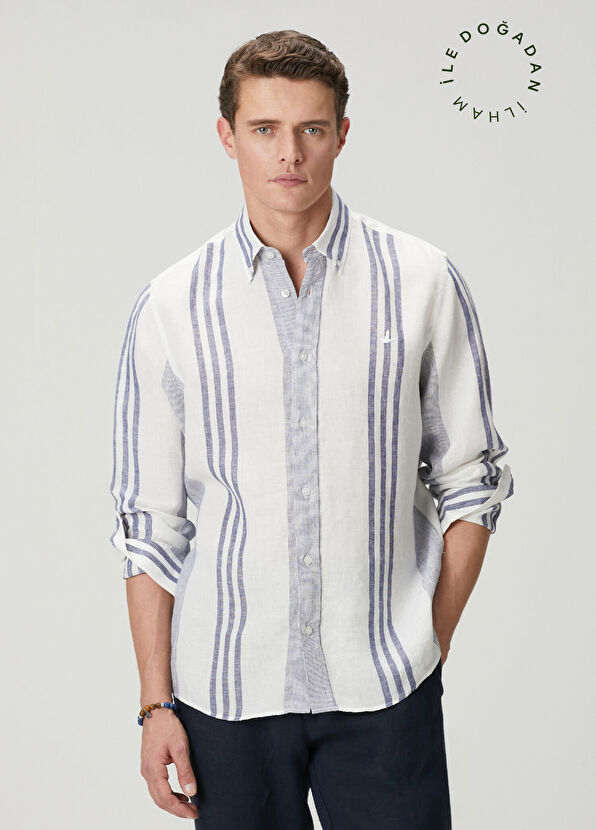 Beymen Club Navy Blue White Striped Relax Fit Linen Shirt - 1