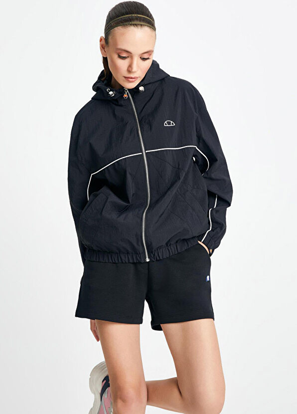 Siyah Kapüşonlu Fermuarlı Kadın Spor Yağmurluk - Görsel 4