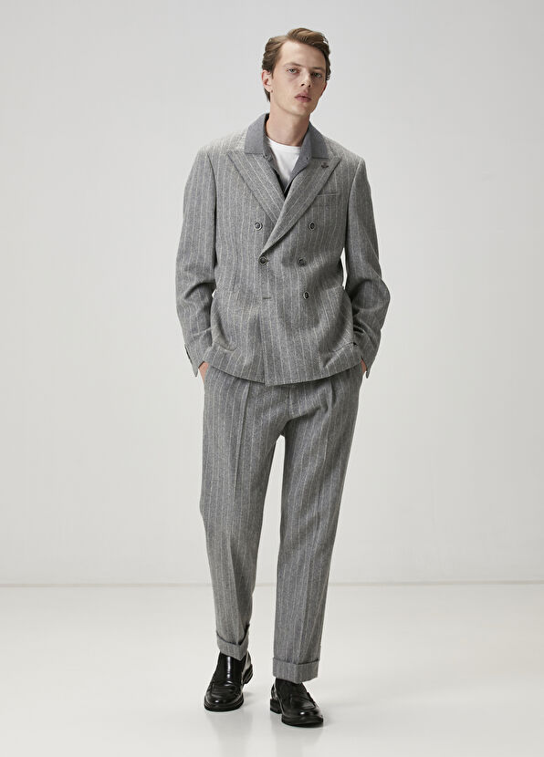 Beymen Club Gri Çizgi Desenli Kruvaze Ceket - 2