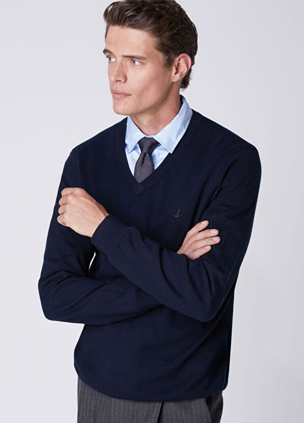 Beymen Club Navy V-Neck Cotton Cashmere Blend Sweater - 2