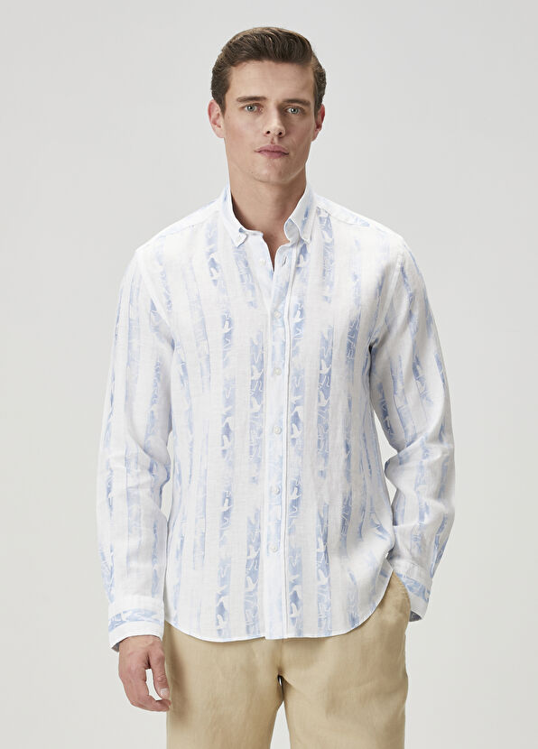 Beymen Club Comfort Fit Mavi Logo Desenli Çizgili Keten Gömlek - 1