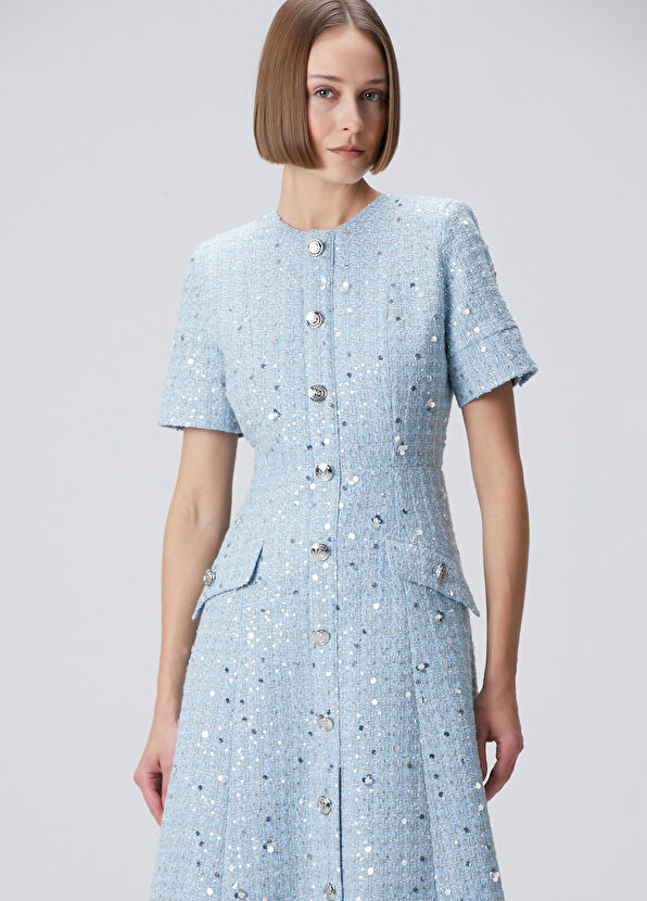 Mavi Payetli Midi Tweed Elbise - Görsel 3