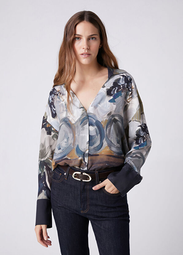 Beymen Club Petrol Smokey Floral Desenli İpek Gömlek - 1