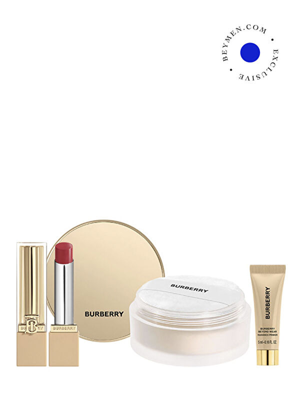 Burberry Beyond Wear Loose Powder 02 Sand + Brit Shine 636 Punk Pink Lipstick + Mini Primer Women's Makeup Set - 1