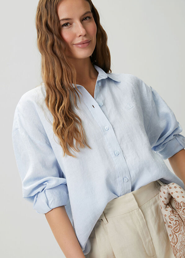 Beymen Club Oversize Light Blue Logo Linen Shirt - 4