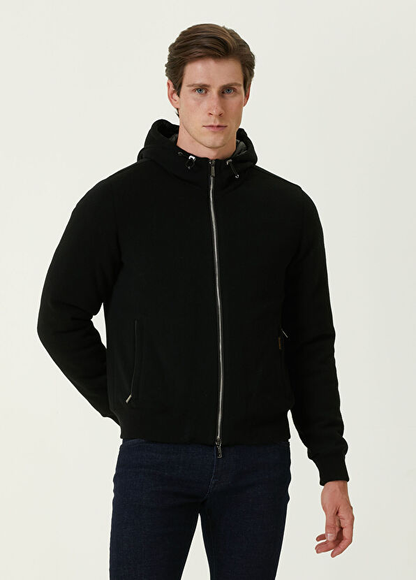 Moorer Siyah Kapüşonlu Yün Mont - 1