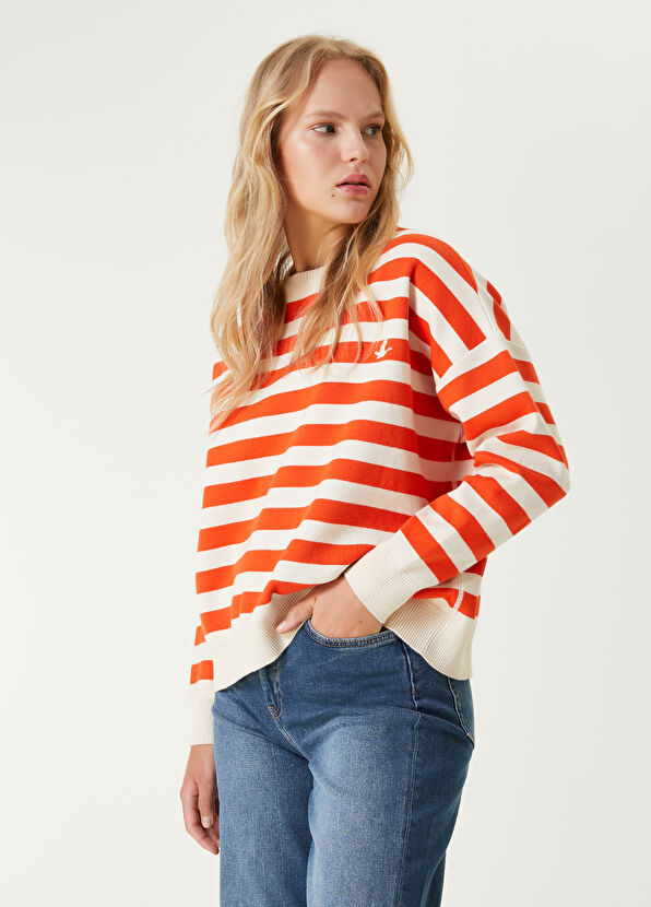 Beymen Club Turuncu Beyaz Çizgili Oversize Kazak - 4