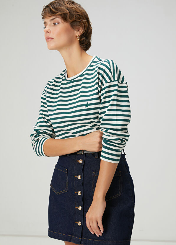 Beymen Club Green Ecru Striped Basic Sweatshirt - 4