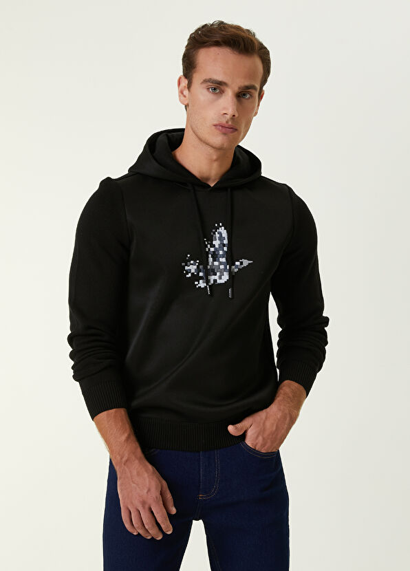 Beymen Club Siyah Kapüşonlu Piksel Kaz Nakışlı Garnili Kazak - 1