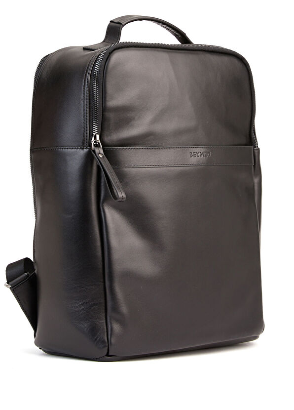 Siyah Logo Detaylı Erkek Deri Sırt Çantası - Görsel 4