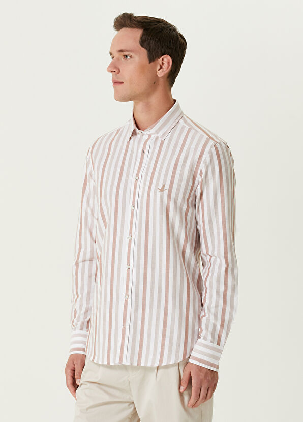 Beymen Club Slim Fit Kahverengi Beyaz Organik Pamuk Gömlek - 4