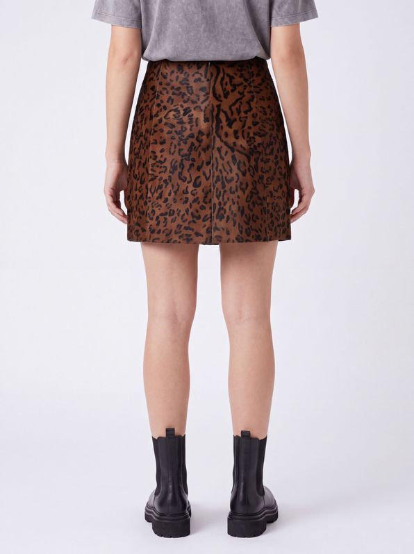Beymen Club Dark Brown Leopard Foal Feather Mini Leather Skirt - 4