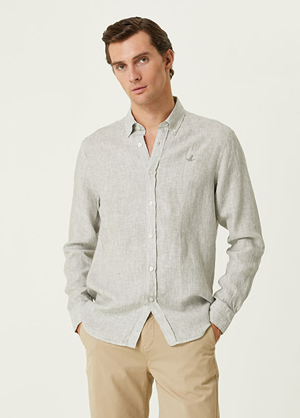 Beymen Club Comfort Fit Khaki White Linen Shirt - 1
