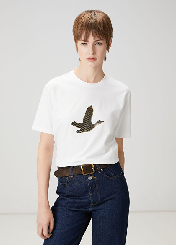 Beymen Club Kırık Beyaz Gold Şeritli Kaz Logolu T-shirt - 1