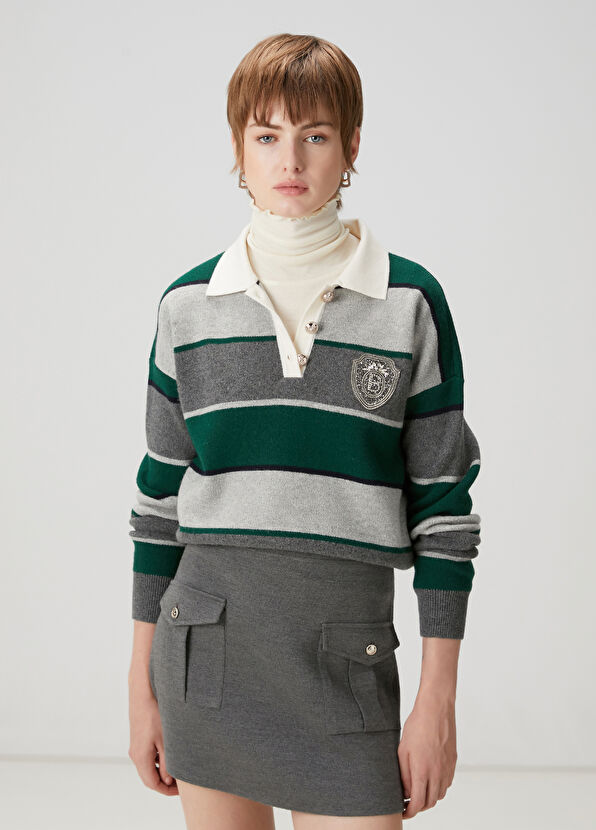 Beymen Club Koyu Yeşil Çizgili Yün Polo Kazak - 3