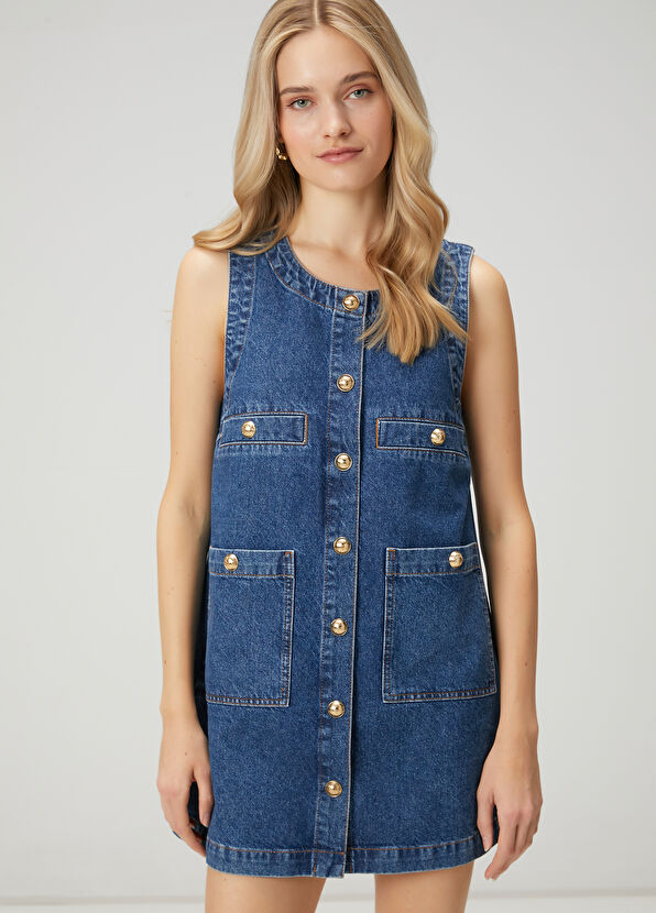 Beymen Club Blue Gold Buttoned Mini Denim Dress - 2