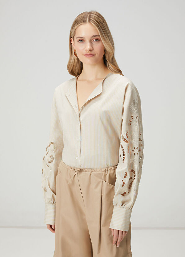 Beymen Club Bej Çizgili Nakışlı Gömlek - 2