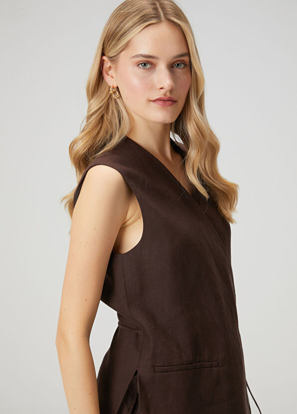 Beymen Club Kahverengi Kruvaze Uzun Keten Yelek - 2