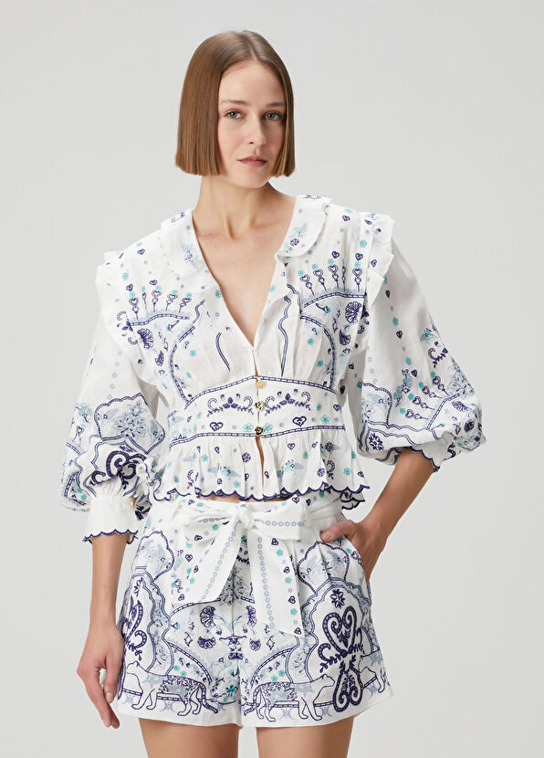 Camilla Mavi Beyaz Nakışlı Keten Gömlek - 1