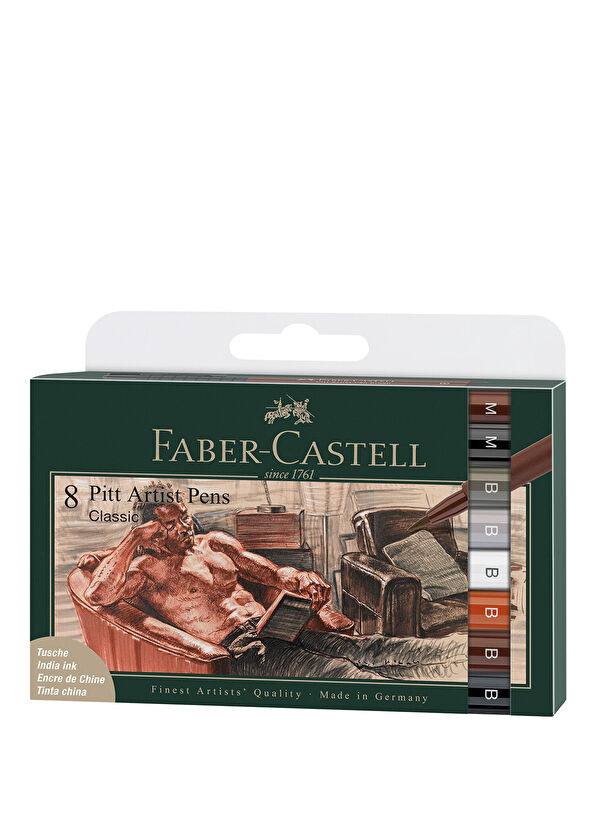 Faber Castell Pitt Artist Pen Brush Tip Classic Set of 8, Non-Smudging Odorless Ink - 1