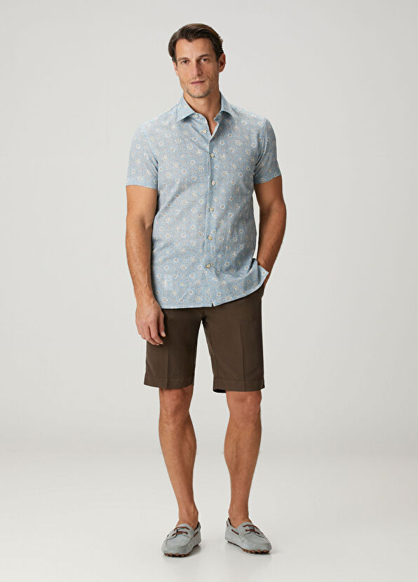 Kiton Nerano Light Blue Floral Print Short Sleeve Shirt - 2