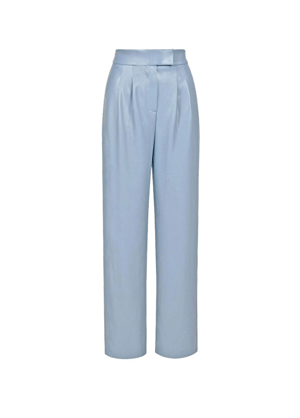 Rivus Blue High Waist Wide Leg Maxi Length Pleated Vegan Leather Women's Pants - 1