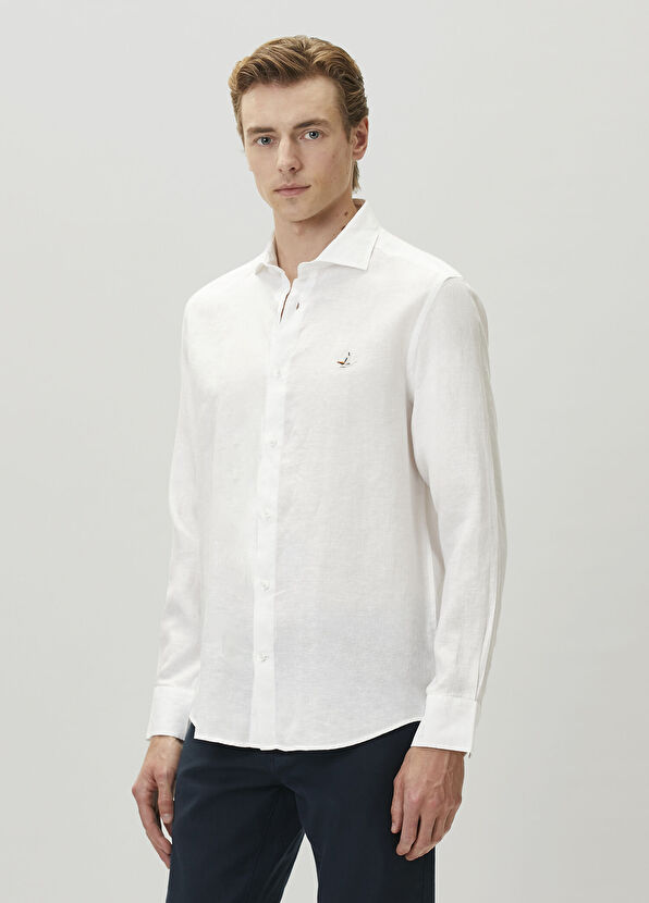Beymen Club White Comfort Fit Italian Collar Linen Shirt - 4