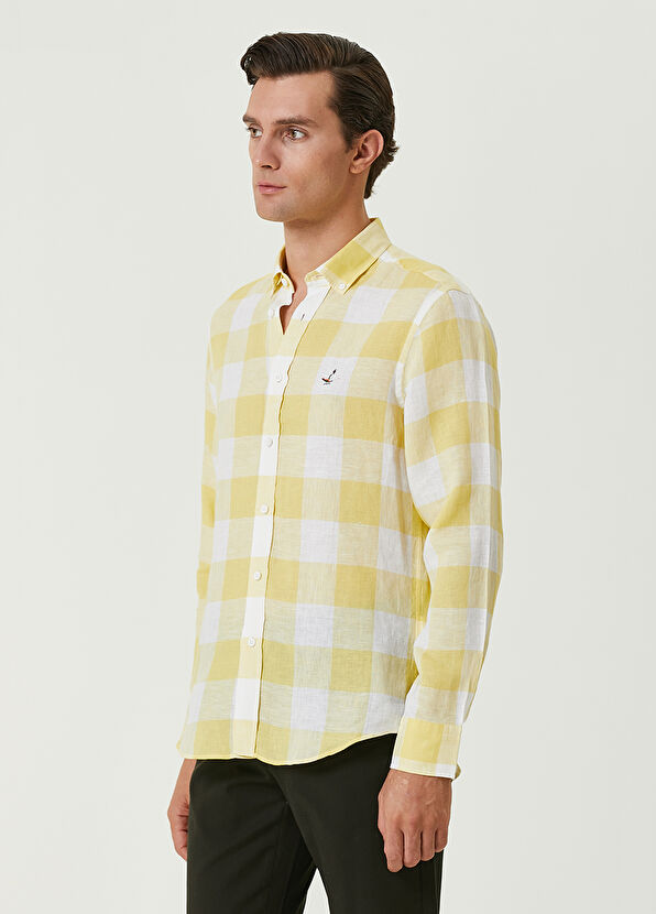 Beymen Club Comfort Fit Sarı Ekose Desenli Keten Gömlek - 4