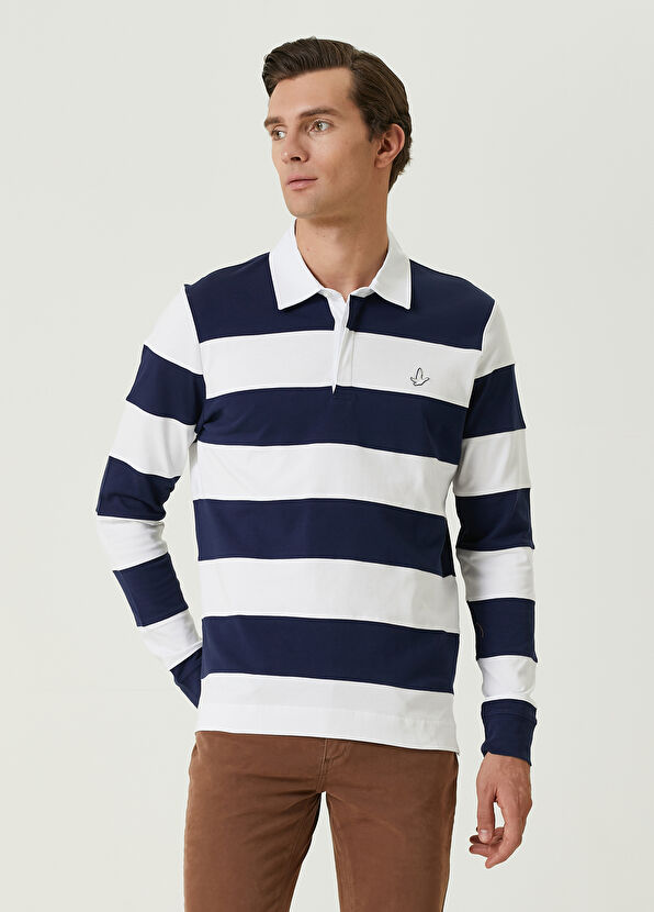 Beymen Club Lacivert Beyaz Polo Yaka Şeritli Sweatshirt - 2