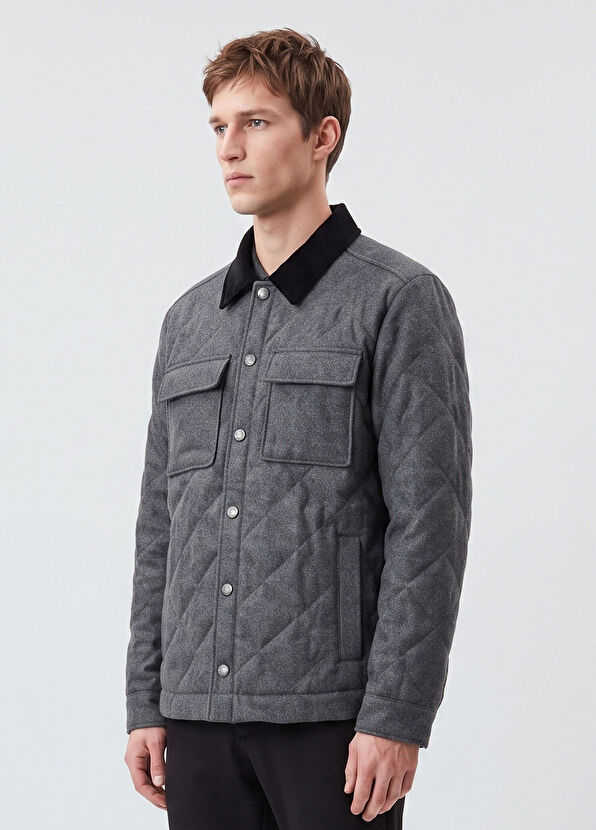 Beymen Club Anthracite Velvet Collar Quilted Wool Outer Shirt - 4