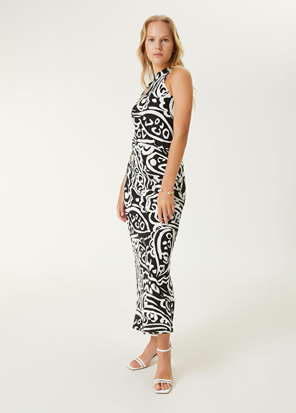 Beymen Club Siyah Beyaz Midi Keten Elbise - 3