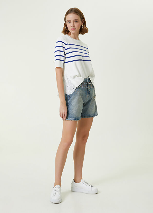 Beymen Club Beyaz Çizgili Eteği Delikli Garnili Kısa Kol Kazak - 2