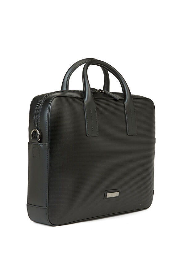 Stripe Siyah Erkek Deri Laptop Çantası - Görsel 4