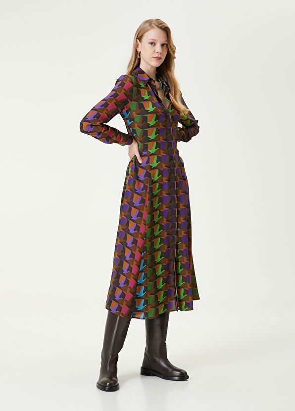 Beymen Club Renkli Kuş Desenli Midi Twill İpek Gömlek Elbise - 2