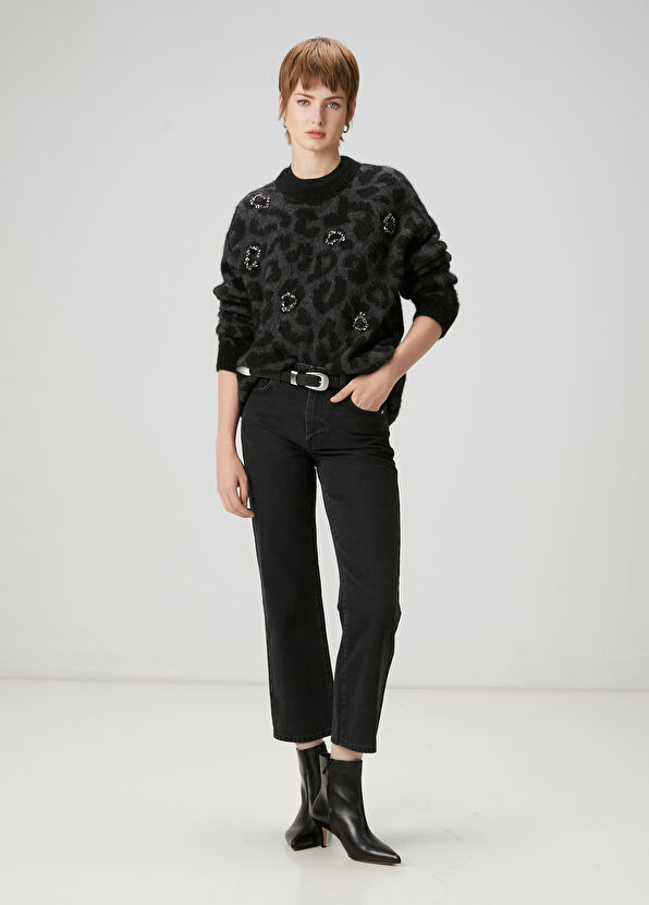 Beymen Club Siyah Leopar Desenli İşlemeli Kazak - 2