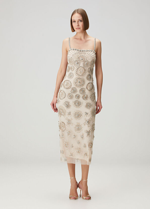 Şampanya İşlemeli Midi Kokteyl Elbise - Görsel 3