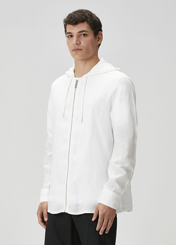 Beymen Club Beyaz Kapüşonlu Keten Dış Gömlek - 4
