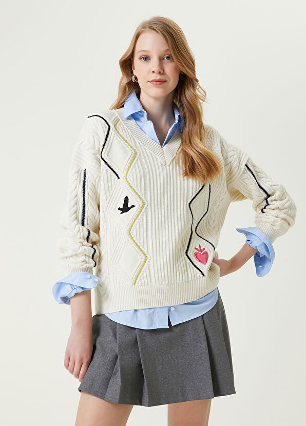 Beymen Club Ekru Nakışlı Yün Kazak - 1