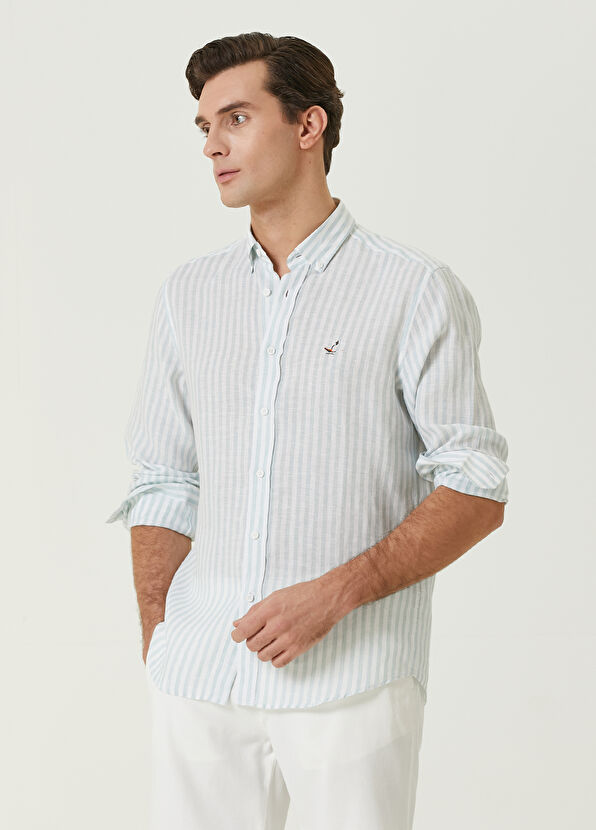 Beymen Club Comfort Fit Açık Mint Çizgili Keten Gömlek - 1