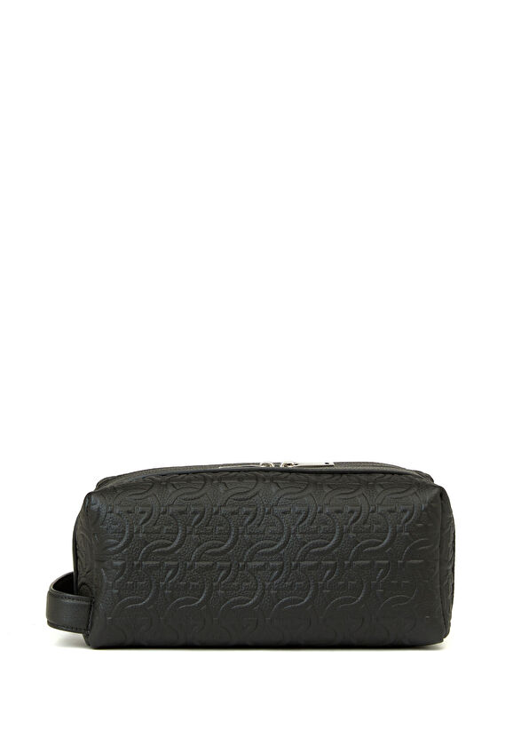 Ferragamo Siyah Logo Dokulu Deri Tıraş Çantası - 1
