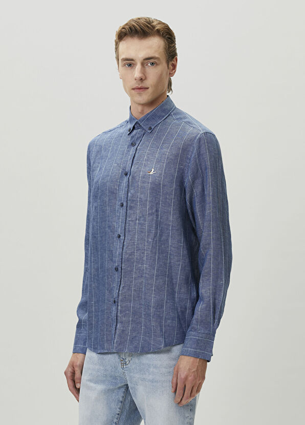 Beymen Club Comfort Fit Navy Blue Striped Linen Shirt - 4