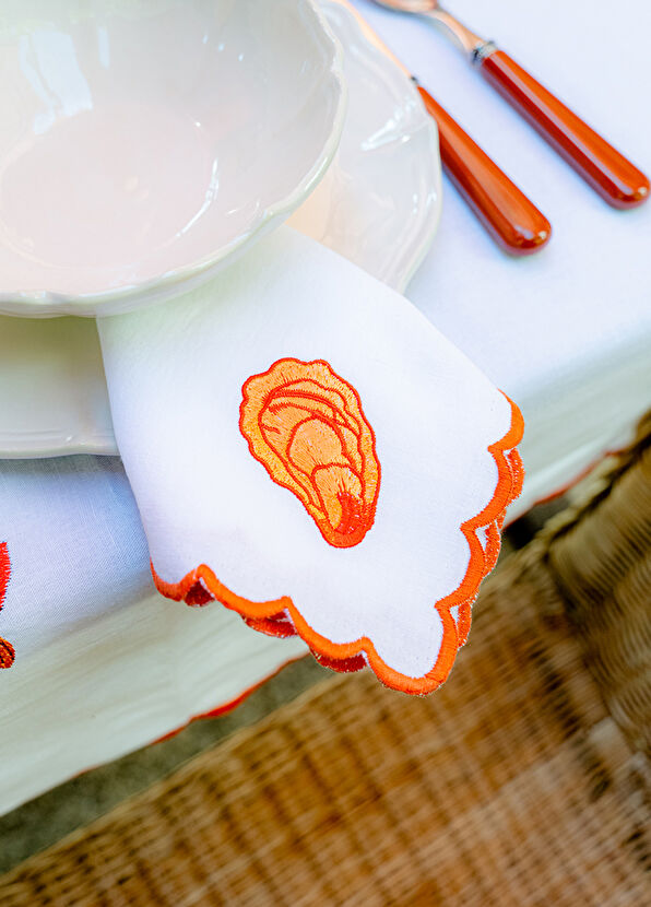 Mariaida Home Oyster Embroidered Orange White Napkin - 2