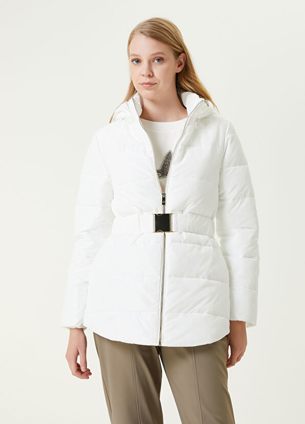 Beymen Club Beyaz Kapüşonlu Kemerli Puff Mont - 1